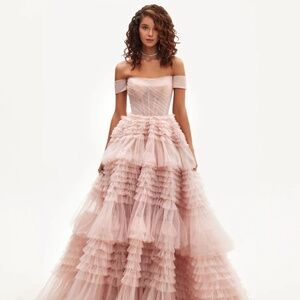 Milla Misty Rose Off-The-Shoulder Frill-Layered Gown
